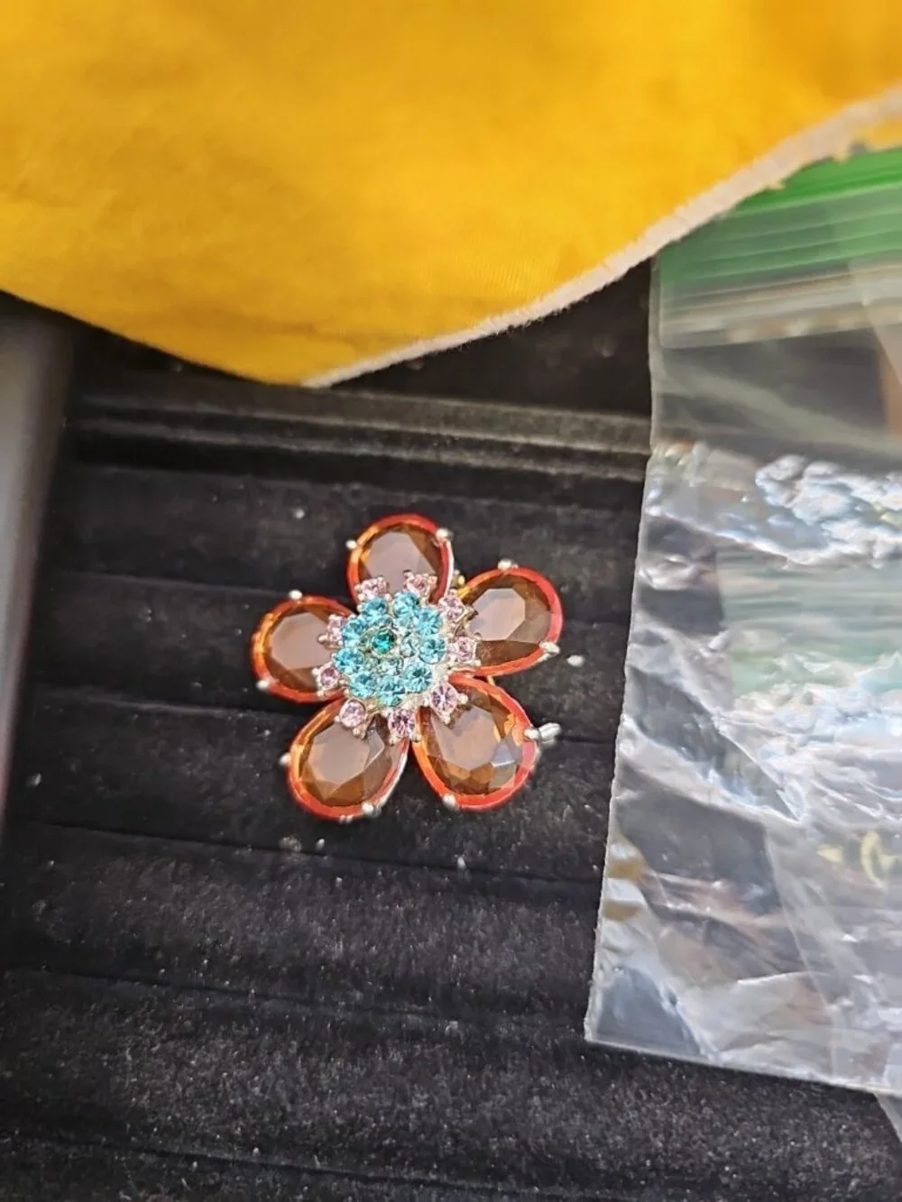Pink & Blue Center Rhinestones Silvertone 1 1/2